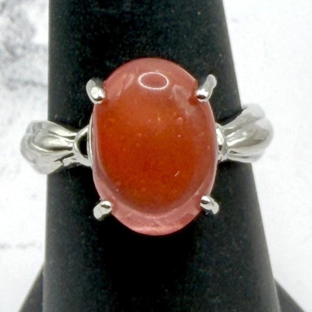 Red Orange Cabochon Glass Stone Ring Silver Tone Size 7.5 Statement Ring New